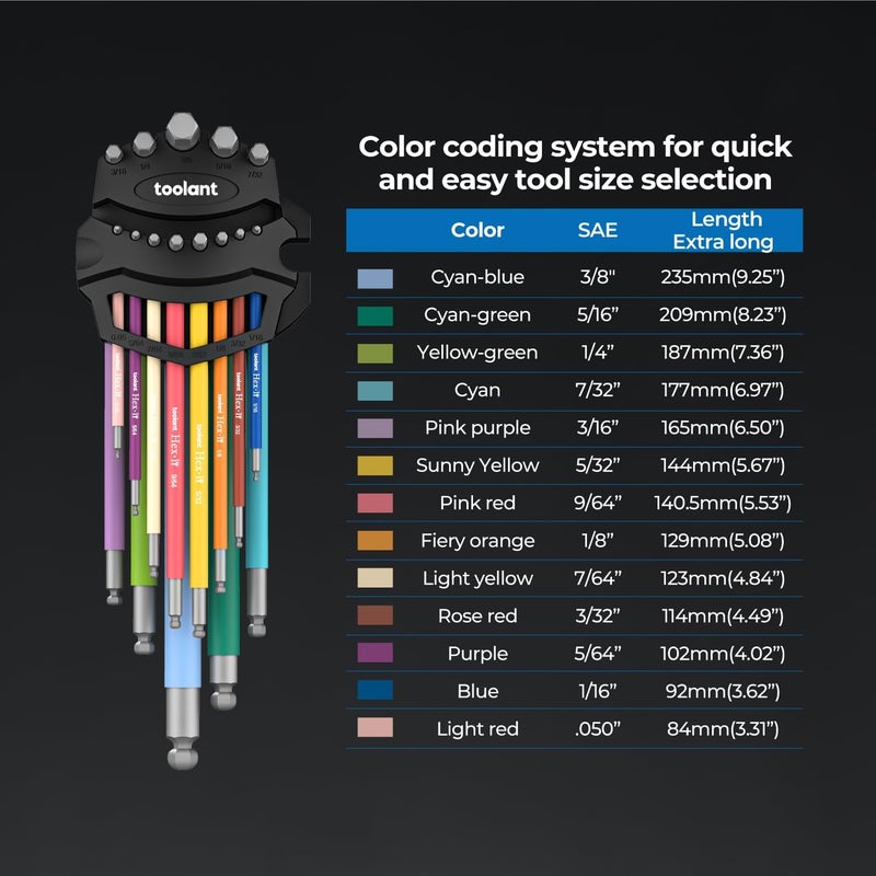 Kraftek Sae Allen Wrenches Sets 13pcs, Extra Long Arm Allen Key Set with Ball End, Crafted Hex Key Set with Color Coded Sleeves, Unique Patented Holder Design for Magnetizing and Demagnetizing - Image 2
